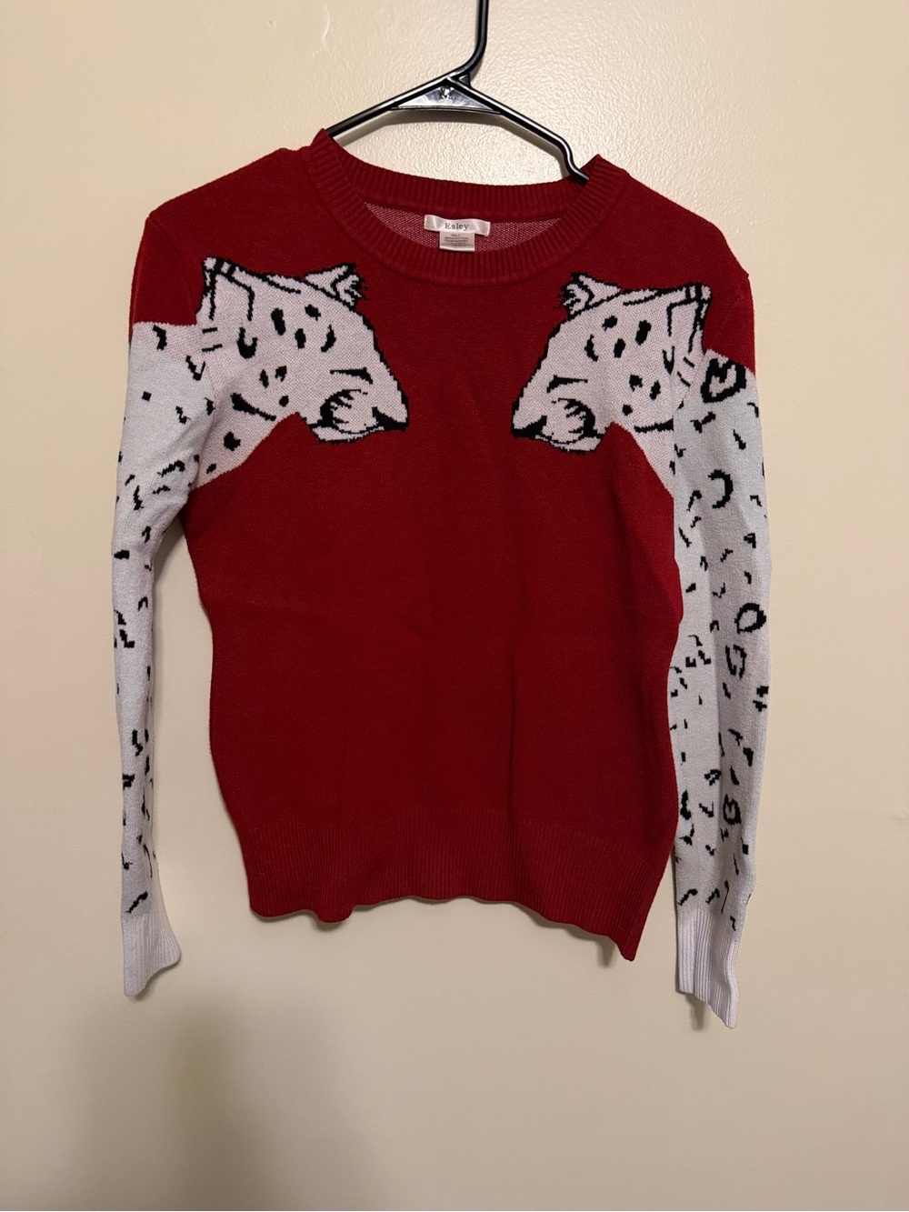 Esley Red Crewneck Sweater with White Leopard Sleeve Motif